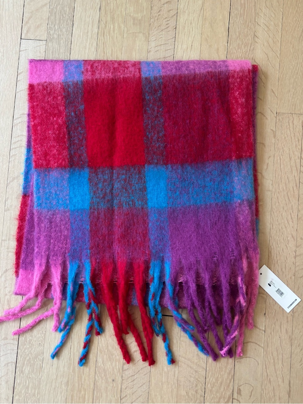 Steve Madden Pink/Blue/Purple Multi Plaid Fringe Scarf